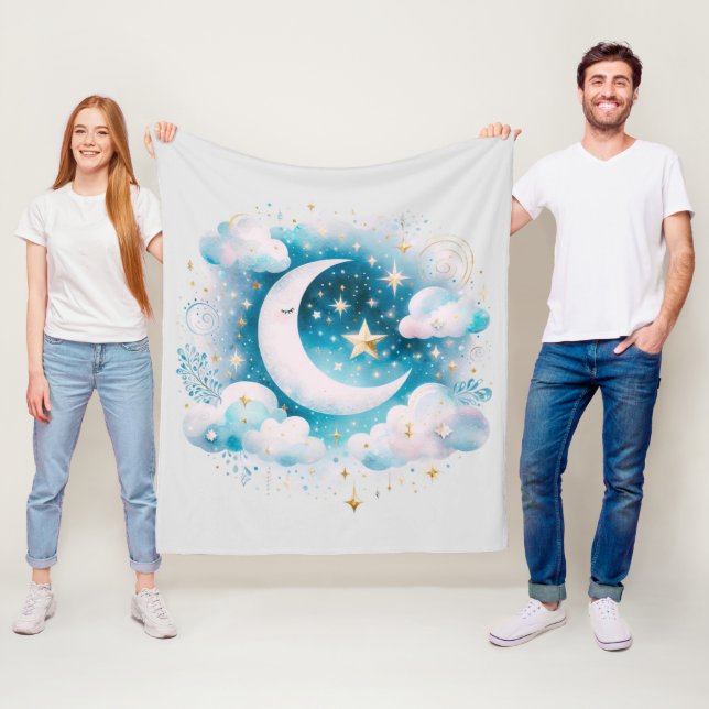 Blue and White Crescent Moon Celestial Boho Modern Fleece Blanket (In Situ)