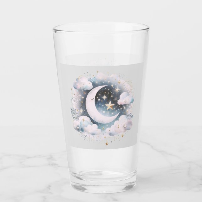 Blue and White Crescent Moon Celestial Boho Modern Glass (Front)