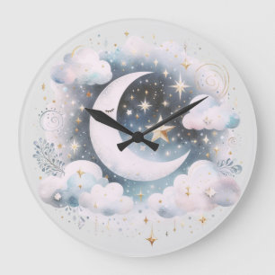 Blue and White Crescent Moon Celestial Boho Modern Large Clock