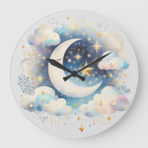 Blue and White Crescent Moon Celestial Boho Modern Large Clock