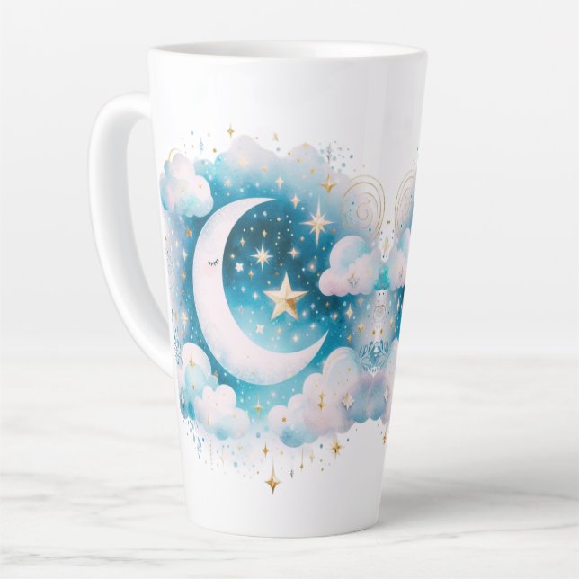 Blue and White Crescent Moon Celestial Boho Modern Latte Mug (Left Angle)