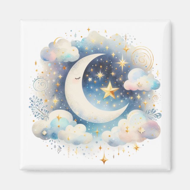 Blue and White Crescent Moon Celestial Boho Modern Magnet (Front)