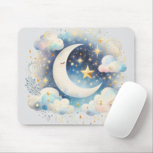 Blue and White Crescent Moon Celestial Boho Modern Mouse Mat