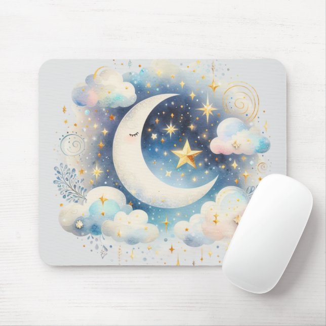Blue and White Crescent Moon Celestial Boho Modern Mouse Mat (With Mouse)
