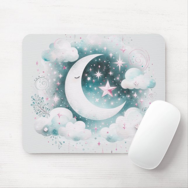 Blue and White Crescent Moon Celestial Boho Modern Mouse Mat (With Mouse)