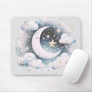Blue and White Crescent Moon Celestial Boho Modern Mouse Mat
