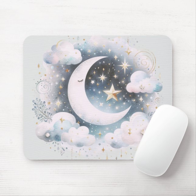 Blue and White Crescent Moon Celestial Boho Modern Mouse Mat (With Mouse)