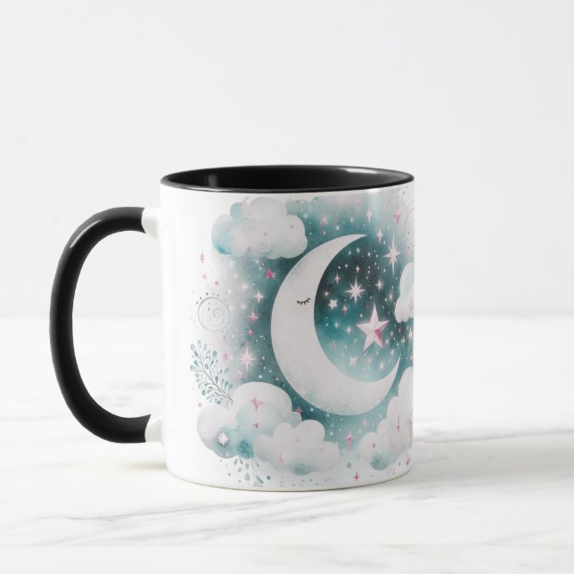 Blue and White Crescent Moon Celestial Boho Modern Mug (Left)
