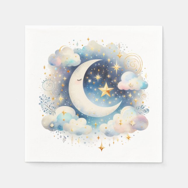 Blue and White Crescent Moon Celestial Boho Modern Napkin (Front)