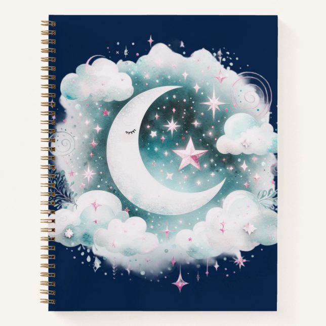 Blue and White Crescent Moon Celestial Boho Modern Notebook (Front)