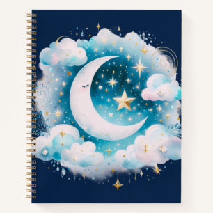Blue and White Crescent Moon Celestial Boho Modern Notebook