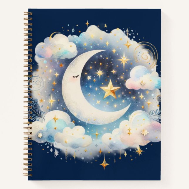 Blue and White Crescent Moon Celestial Boho Modern Notebook (Front)