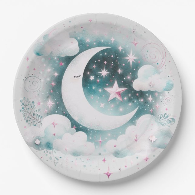 Blue and White Crescent Moon Celestial Boho Modern Paper Plate (Front)