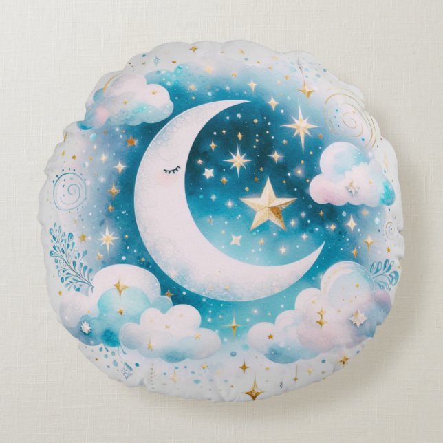 Blue and White Crescent Moon Celestial Boho Modern Round Cushion (Front)