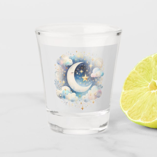 Blue and White Crescent Moon Celestial Boho Modern Shot Glass (Front)