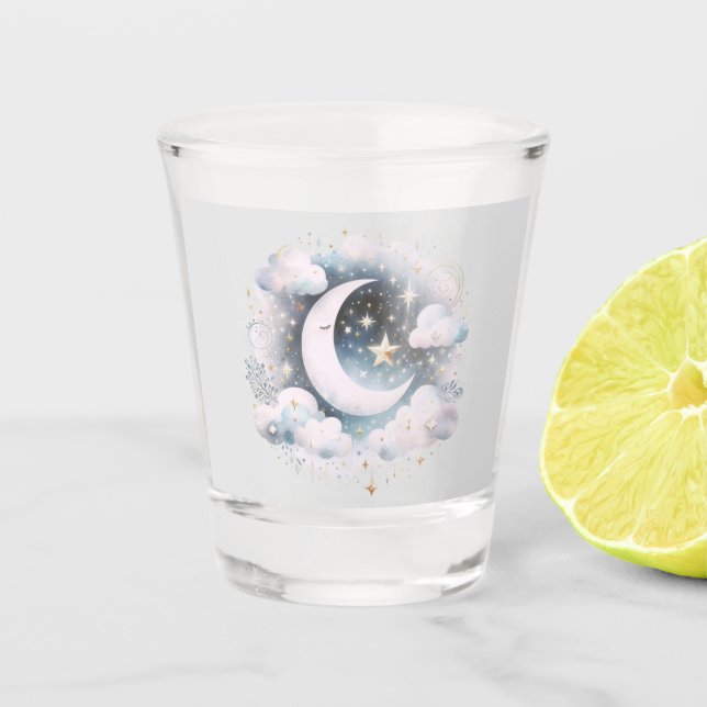Blue and White Crescent Moon Celestial Boho Modern Shot Glass (Front)