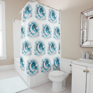 Blue and White Crescent Moon Celestial Boho Modern Shower Curtain