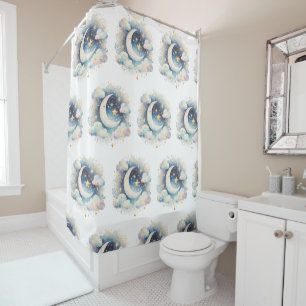 Blue and White Crescent Moon Celestial Boho Modern Shower Curtain