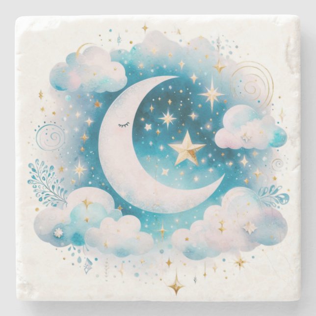 Blue and White Crescent Moon Celestial Boho Modern Stone Coaster (Front)