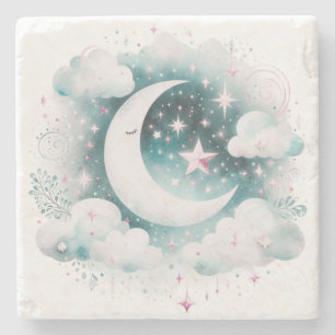 Blue and White Crescent Moon Celestial Boho Modern Stone Coaster