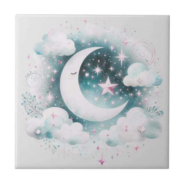 Blue and White Crescent Moon Celestial Boho Modern Tile (Front)
