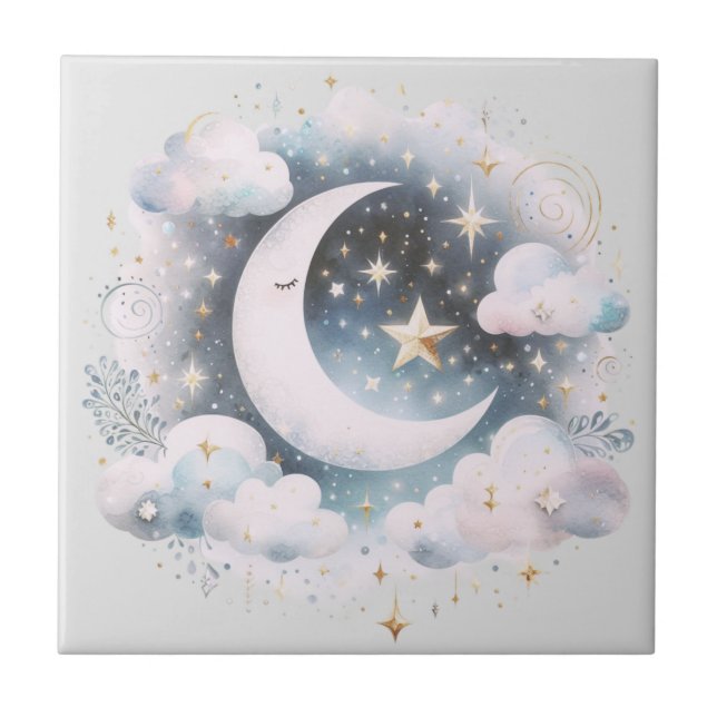 Blue and White Crescent Moon Celestial Boho Modern Tile (Front)