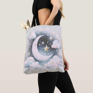 Blue and White Crescent Moon Celestial Boho Modern Tote Bag