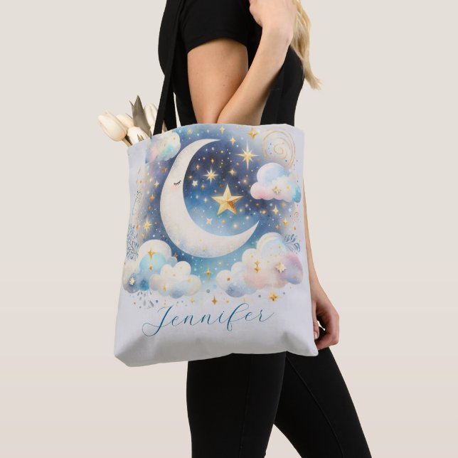 Blue and White Crescent Moon Celestial Boho Modern Tote Bag (Close Up)
