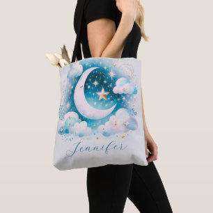 Blue and White Crescent Moon Celestial Boho Modern Tote Bag