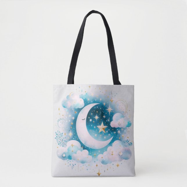 Blue and White Crescent Moon Celestial Boho Modern Tote Bag (Front)