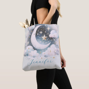 Blue and White Crescent Moon Celestial Boho Modern Tote Bag