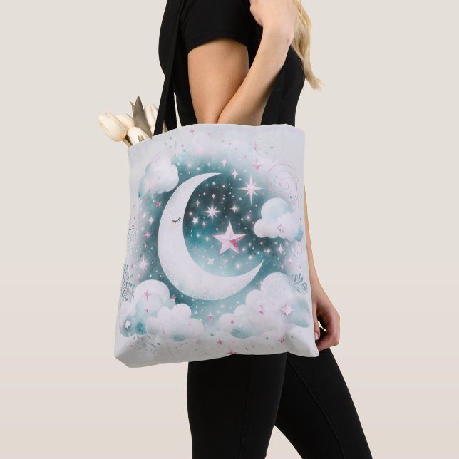 Blue and White Crescent Moon Celestial Boho Modern Tote Bag (Close Up)