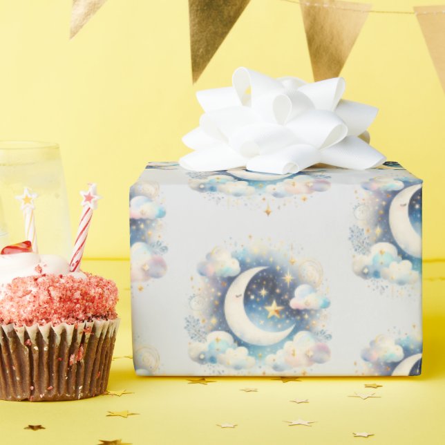 Blue and White Crescent Moon Celestial Boho Modern Wrapping Paper (Birthday Party)