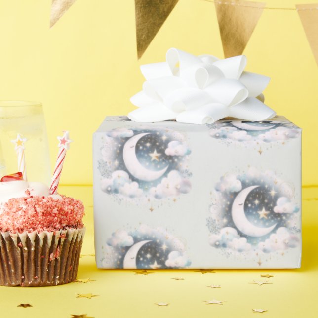 Blue and White Crescent Moon Celestial Boho Modern Wrapping Paper (Birthday Party)