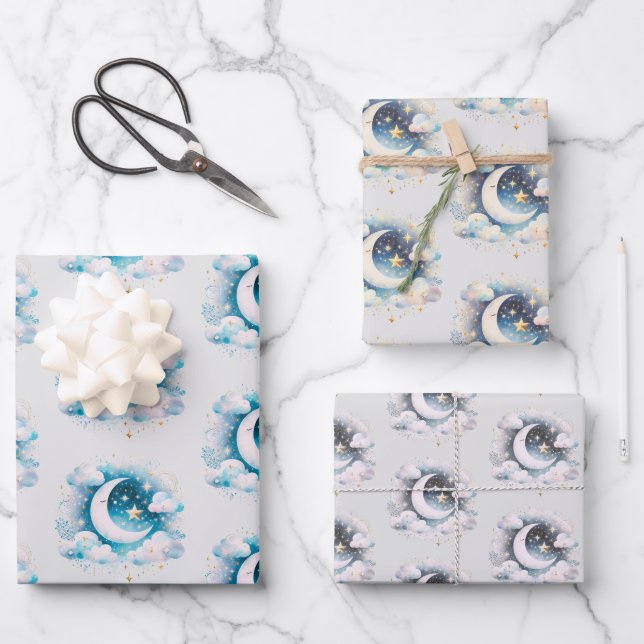 Blue and White Crescent Moon Celestial Boho Modern Wrapping Paper Sheet (Front)