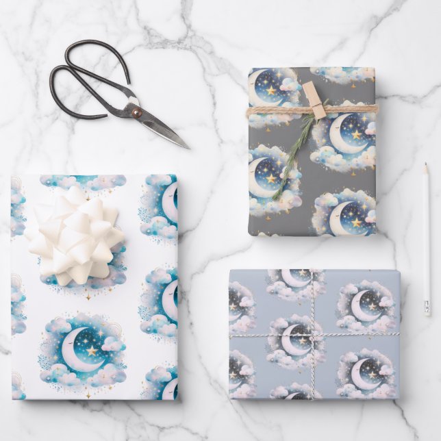 Blue and White Crescent Moon Celestial Boho Modern Wrapping Paper Sheet (Front)