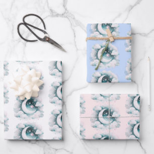 Blue and White Crescent Moon Celestial Boho Modern Wrapping Paper Sheet