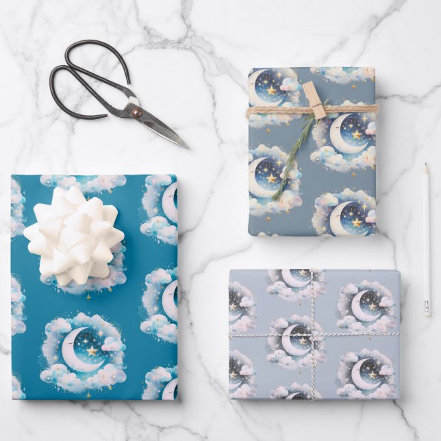 Blue and White Crescent Moon Celestial Boho Modern Wrapping Paper Sheet (Front)
