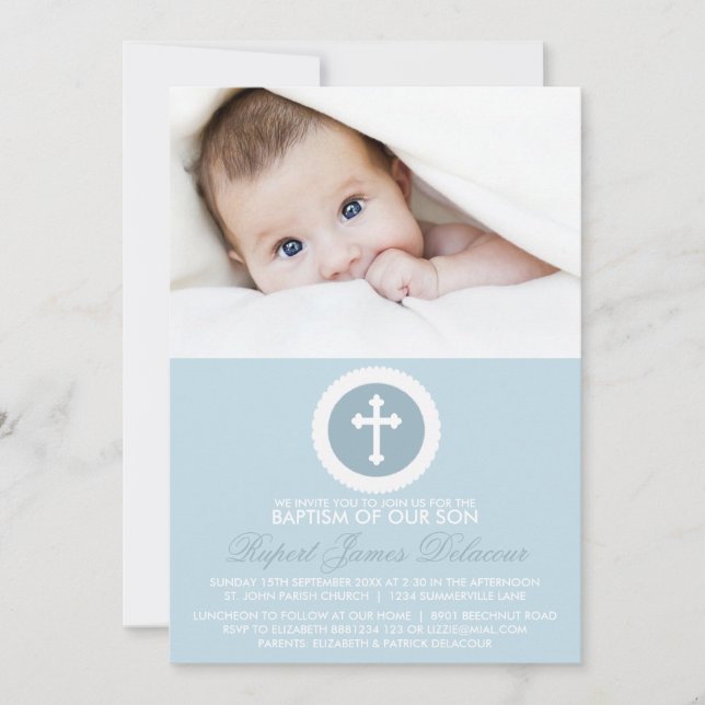 Blue and White Cross Baptism Photo Invitation (Front)
