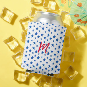 Blue And White Customisable Star Pattern Can Cooler