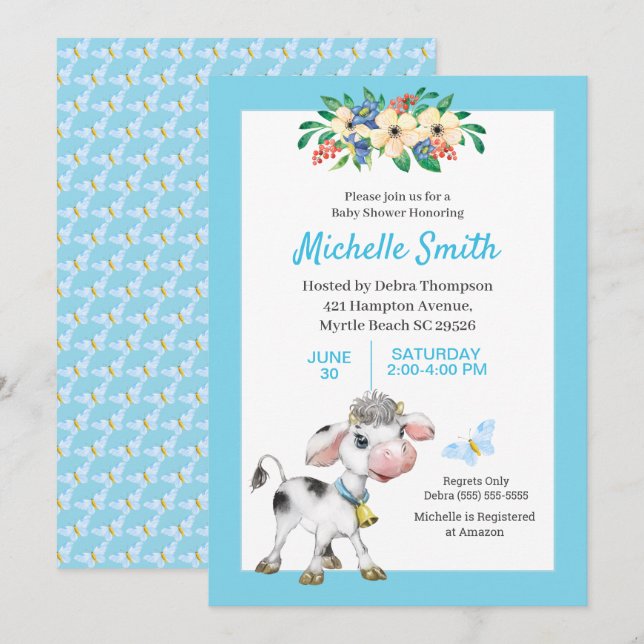 Blue and White Cute Cow Floral Baby Shower   Invit Invitation (Front/Back)