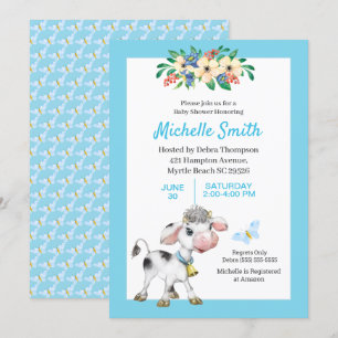 Blue and White Cute Cow Floral Baby Shower   Invit Invitation