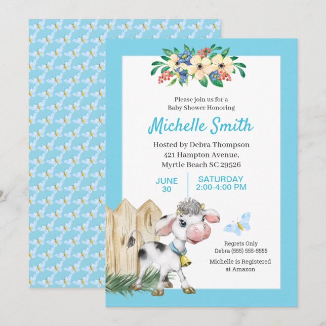 Blue and White Cute Cow Floral Baby Shower   Invitation (Front/Back)