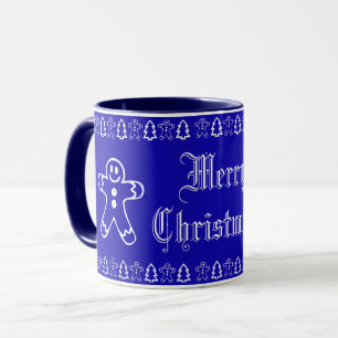 Blue and White Cute Gingerbread Man Christmas Tree Mug