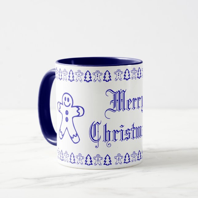 Blue and White Cute Gingerbread Man Christmas Tree Mug (Front Left)