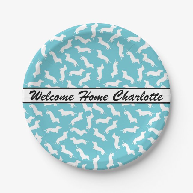 Blue and White Dachshund Paper Plates (Front)