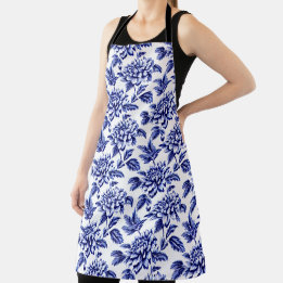 Blue and White Dahlia Flowers Toile de Jouy Apron