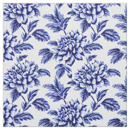 Blue and White Dahlia Flowers Toile de Jouy Fabric
