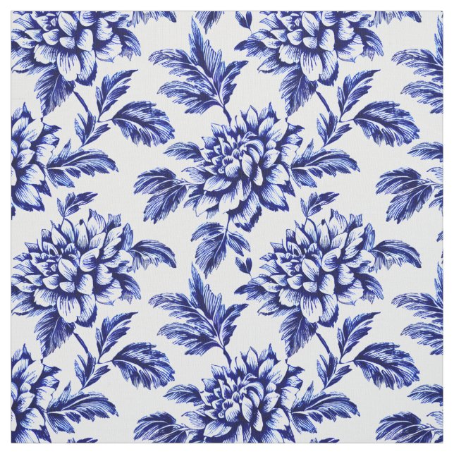 Blue and White Dahlia Flowers Toile de Jouy Fabric (Swatch)
