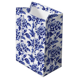 Blue and White Dahlia Flowers Toile de Jouy Medium Gift Bag